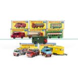 Matchbox Lesney 1-75 Series Commercials, 49 Unimog, 43 Pony Trailer, 57 Land rover Fire Truck, 74