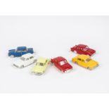 Tri-ang Minix 00 Gauge loose RC 8 Hillman Minx, six models including two shades of red, G-VG, one