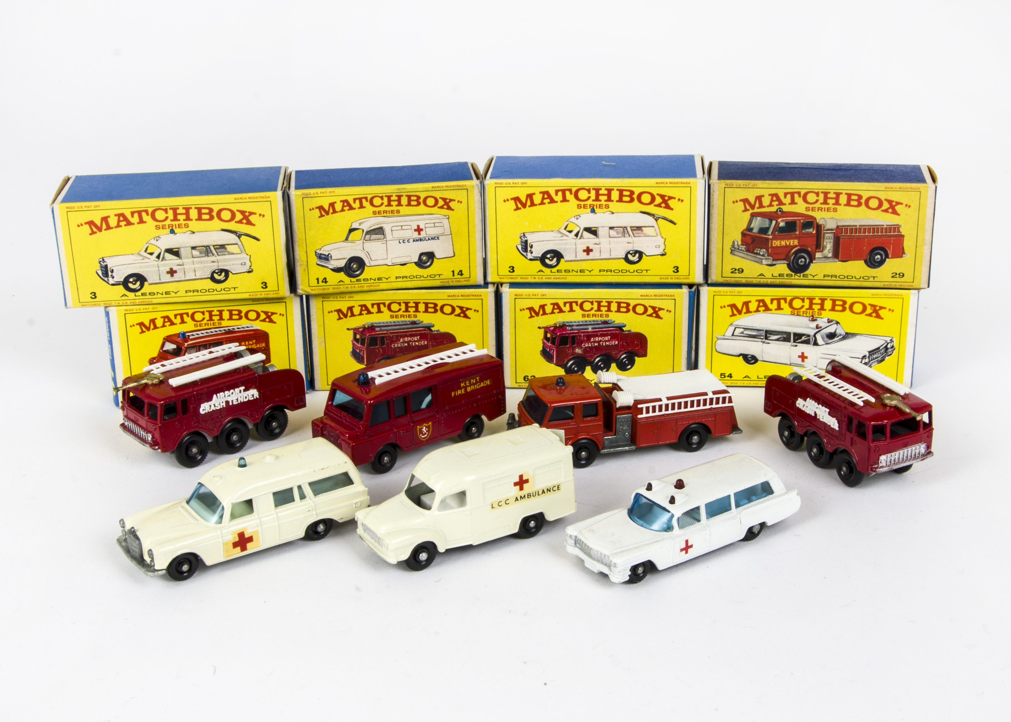 Matchbox 1:75 Emergency Vehicles, 3 Mercedes Benz 'Binz' Ambulance (2 boxes, one model), 14 Lomas