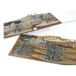 Various finely detailed 1:1200 or similar Naval Waterline Models glued to various boards, Board 1,