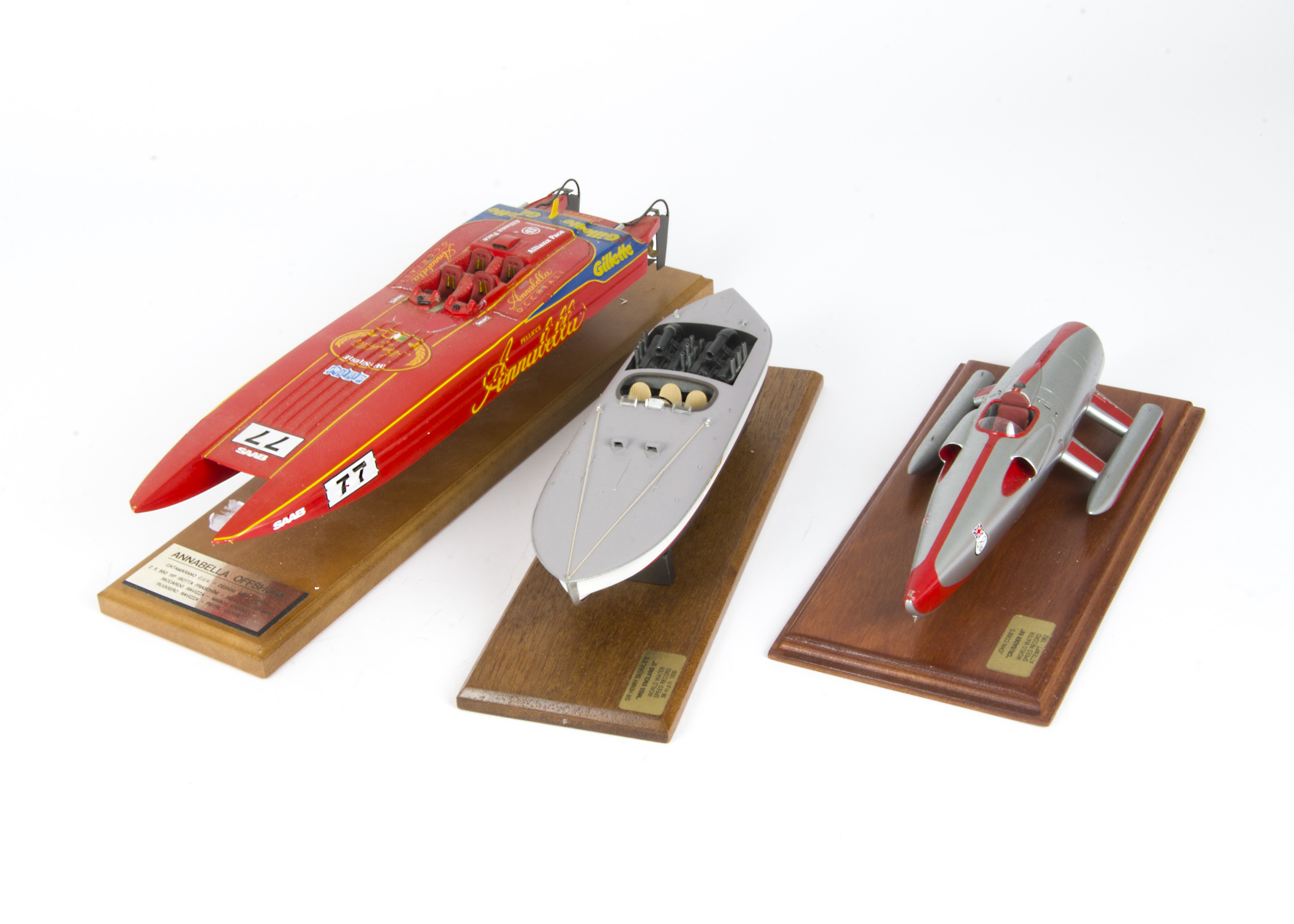 Three large scale racing boats, Luciano Piazzai fine resin 1/35 scale model of Annabella Offshore