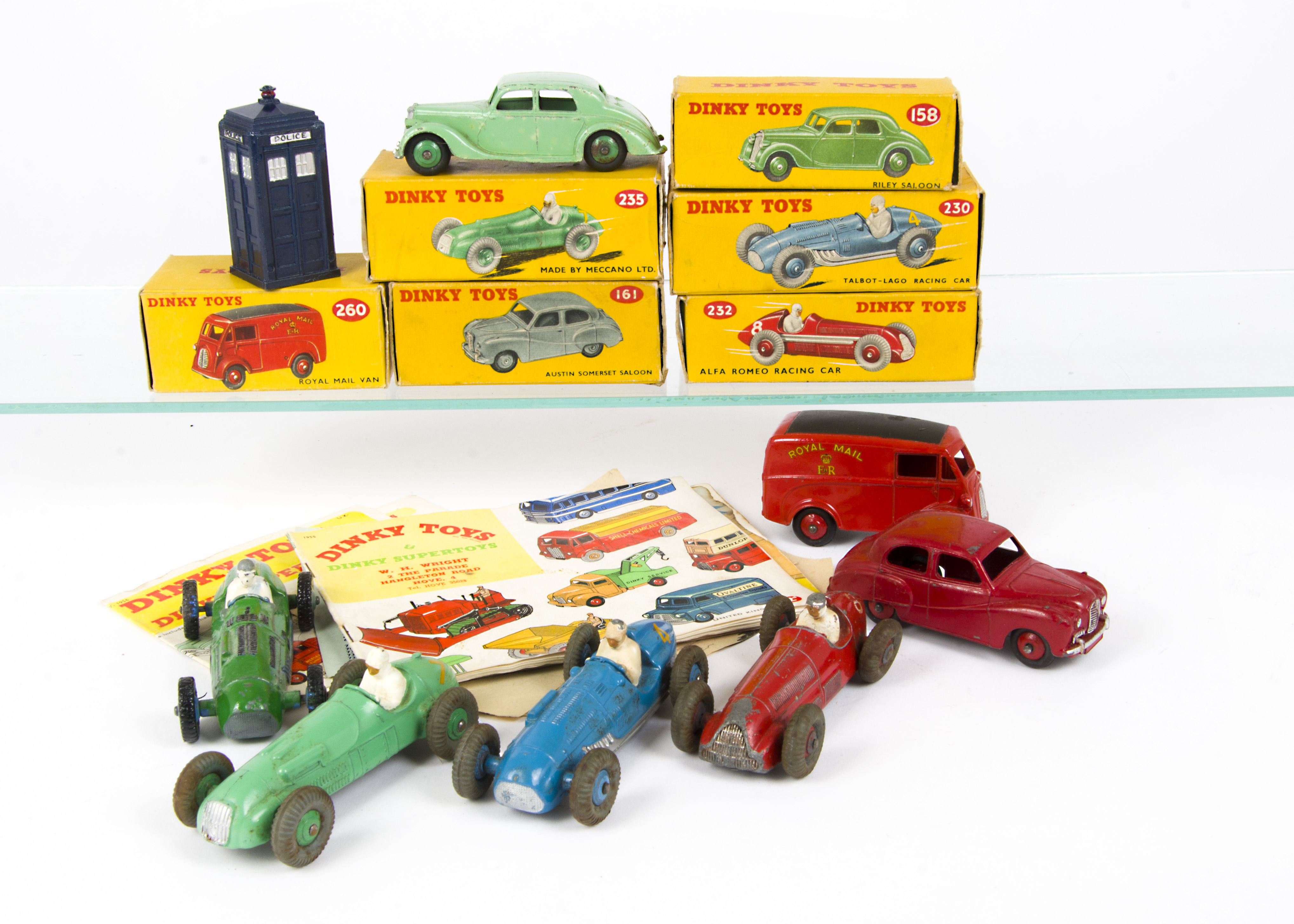 Dinky Toys Cars Racing Cars and Van, 158 Riley Saloon in green, 161 Austin Somerset in red, 230