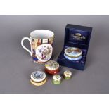 Five enamel boxes, mostly by Crummles together with a Royal Worcester commemorative mug (6)