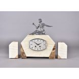 An Art Deco clock garniture, alabaster clock with oval chromed face, Arabic numerals, surmounted