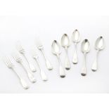 A harlequin set of twelve 19th century silver dessert spoons and forks, all fiddle pattern, some