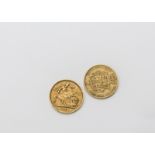 Two Victorian half sovereigns, one a shield back with young head dated 1872 and marked 182, F, the