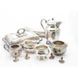An Edwardian silver sugar basin and a collection of silver plate, including two covered entrée