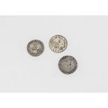 Three Charles II Maundy coins, 1679 three pence and a 1672 and 1677 four pence, both F-VF (3)