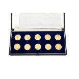 A cased set of ten Elizabeth II full sovereigns, the fitted case with the uncirculated gold coins,
