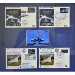 A framed set of four Concorde related First Day Covers, with a photograph of Concorde bearing