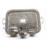 A 1930s Indian silver presentation tea set and tray, the large twin handled rectangular tray