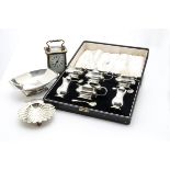 A cased George V period silver double cruet set by Adie Bros, comprising a pair of mustards, salts