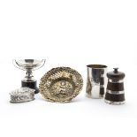 A Victorian silver Christening tankard, together with a small silver trophy cup on stand, a silver