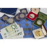 A collection of 20th century British coins and bank notes, including 28 Somerset one pound notes and