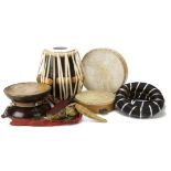 Hand Drums, four drums, one double sided Monkey drum 200mm diameter, Tabla drum 270mm h, 200 mm