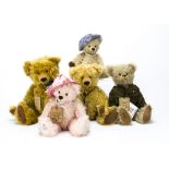 Five Robin Rive teddy bears, A Soldier Boy, a Dame Barbara, a Queen Mum, a Bearalia and Jubilee