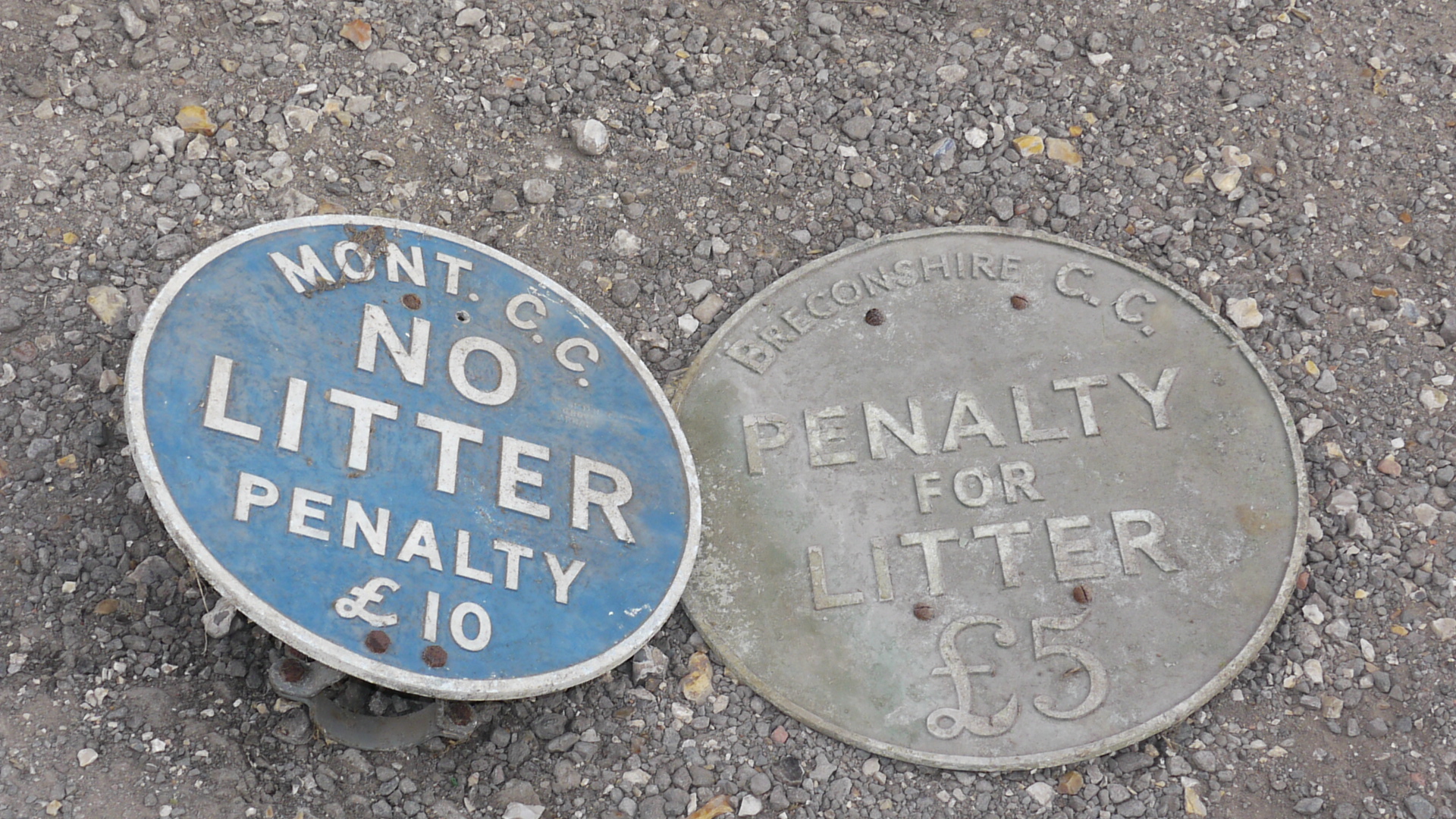 No Litter Signs, Two original circular post mounted alloy no litter signs inscribed Breconshire C.C.