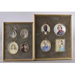 Eight 19th and Early 20th Century portrait miniatures, individually framed and set within two larger