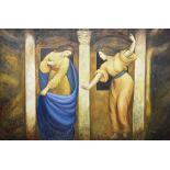 P. Fondon (Contemporary manner of Sir Edward Burne-Jones) oil on board, 'Two Figures in a