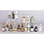 A collection of miniature spirit bottles, including Inchgower Highland whisky, Cornish Mead,