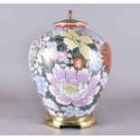 A large Chinese porcelain brass mounted table lamp decorated with pink and coloured flowers