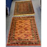 A Middle-Eastern style woolen rug, 16 medallions on red field, geometric border, 120 cm x 178 cm.