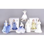 A collection of seven Royal Doulton figurines including Happy Anniversary HN 3097, Maria HN 3381,