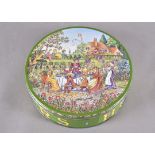 A Huntley and Palmers circular biscuit tin with garden party, and erotic scenes, 20.5 cm diameter