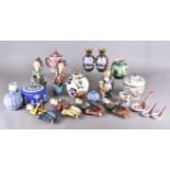 A collection of Asian and European ceramics including a pair of cloisonne vases, Wedgwood cheese