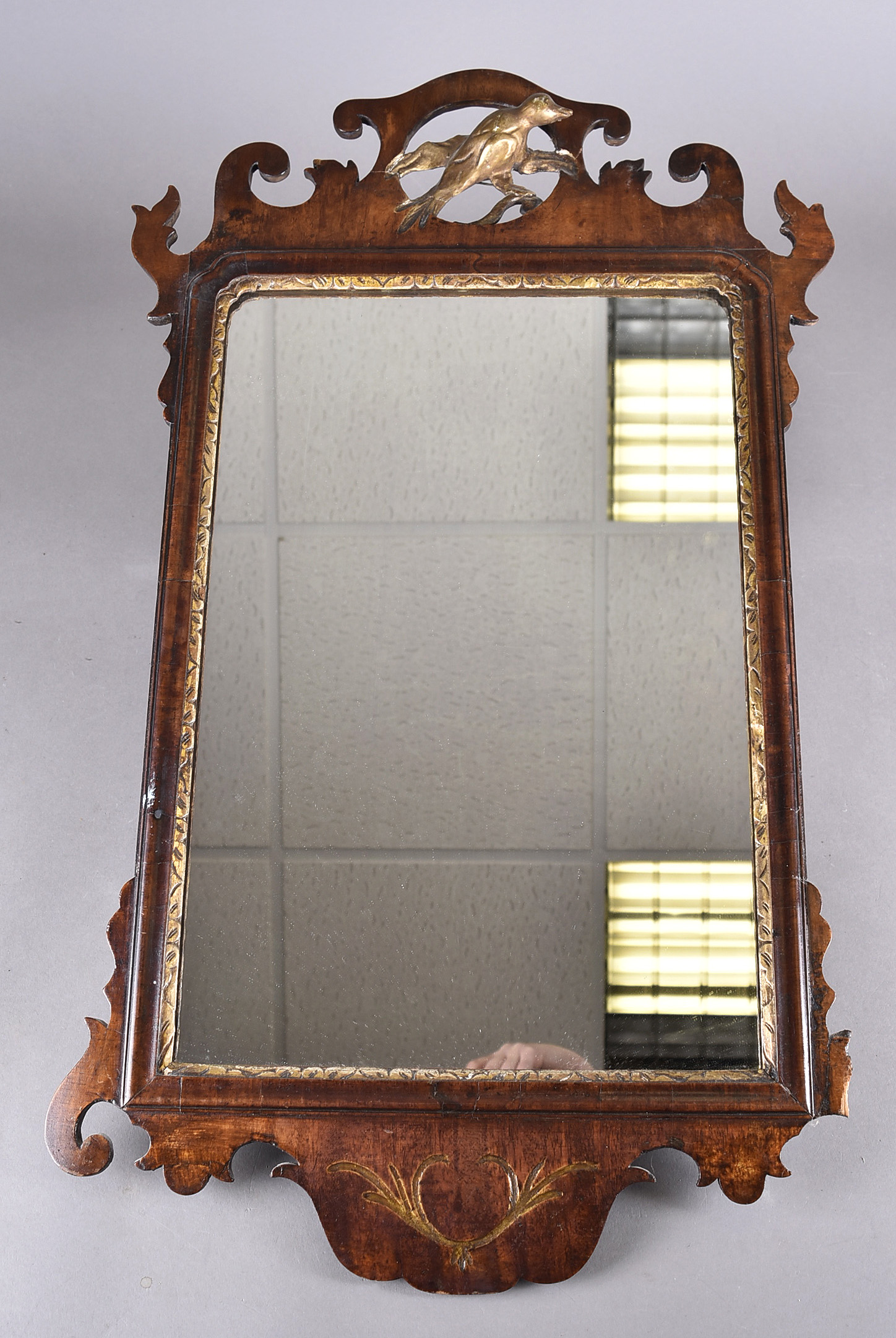 A Georgian mahogany fret carved mirror, with gilded exotic bird, 73 cm x 43 cm