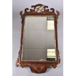 A Georgian mahogany fret carved mirror, with gilded exotic bird, 73 cm x 43 cm