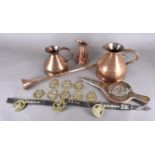 A brass and copper coaching horn, together with two measures, a J S & S jug, a pair of bellows