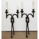 A pair of bronze hollow cast rope twist wall sconces, twin branch, 67 cm including bulb