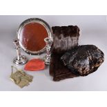 A mink fur stole, two beaver fur collars with matching muff, various purses, silver plated tray