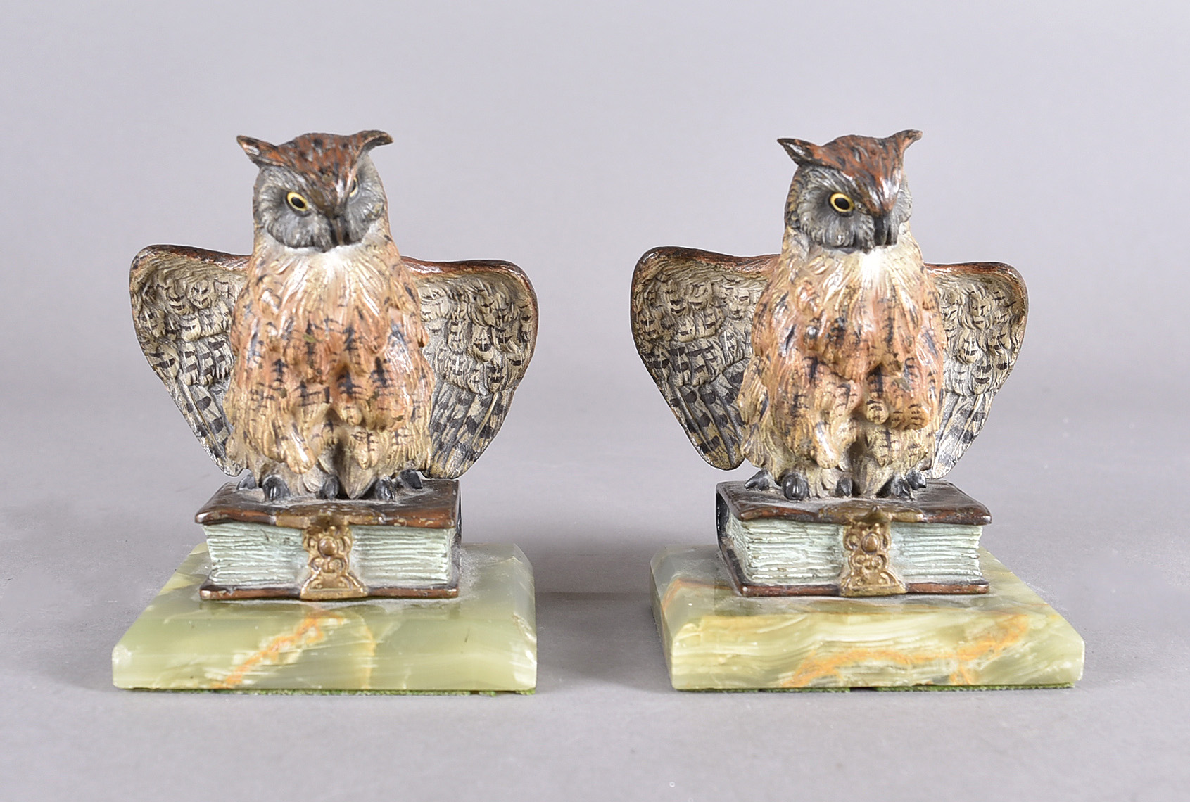 A pair of early 20th century Viennese cold painted bronze owls, both modelled with wings slightly