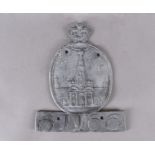 A Victorian lead fire mark plaque, of oval shape surmounted by Victorian crown centred with temple