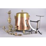 A copper and brass coal scuttle, a brass electrolier, Japanese style model of a stork and a set of