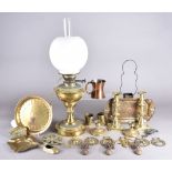 A collection of metalware, including a brass oil lamp, an Art Nouveau tray and other items etc