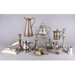 A collection of miscellaneous silver plate and copper including a pair of brass Middle Eastern