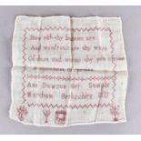 An early 19th Century unframed hessian sampler in red cotton thread by Ann Dawson Marcham