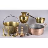 A collection of metalware including copper preserve pans, a brass cauldron, brass jug, pair of