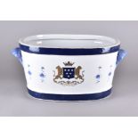 A modern blue and white armorial ice bucket, approx 52 cm x 25.5 cm high x 35 cm deep