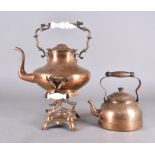A 19th Century continental copper kettle on stand with white opaque glass handles, 42 cm high