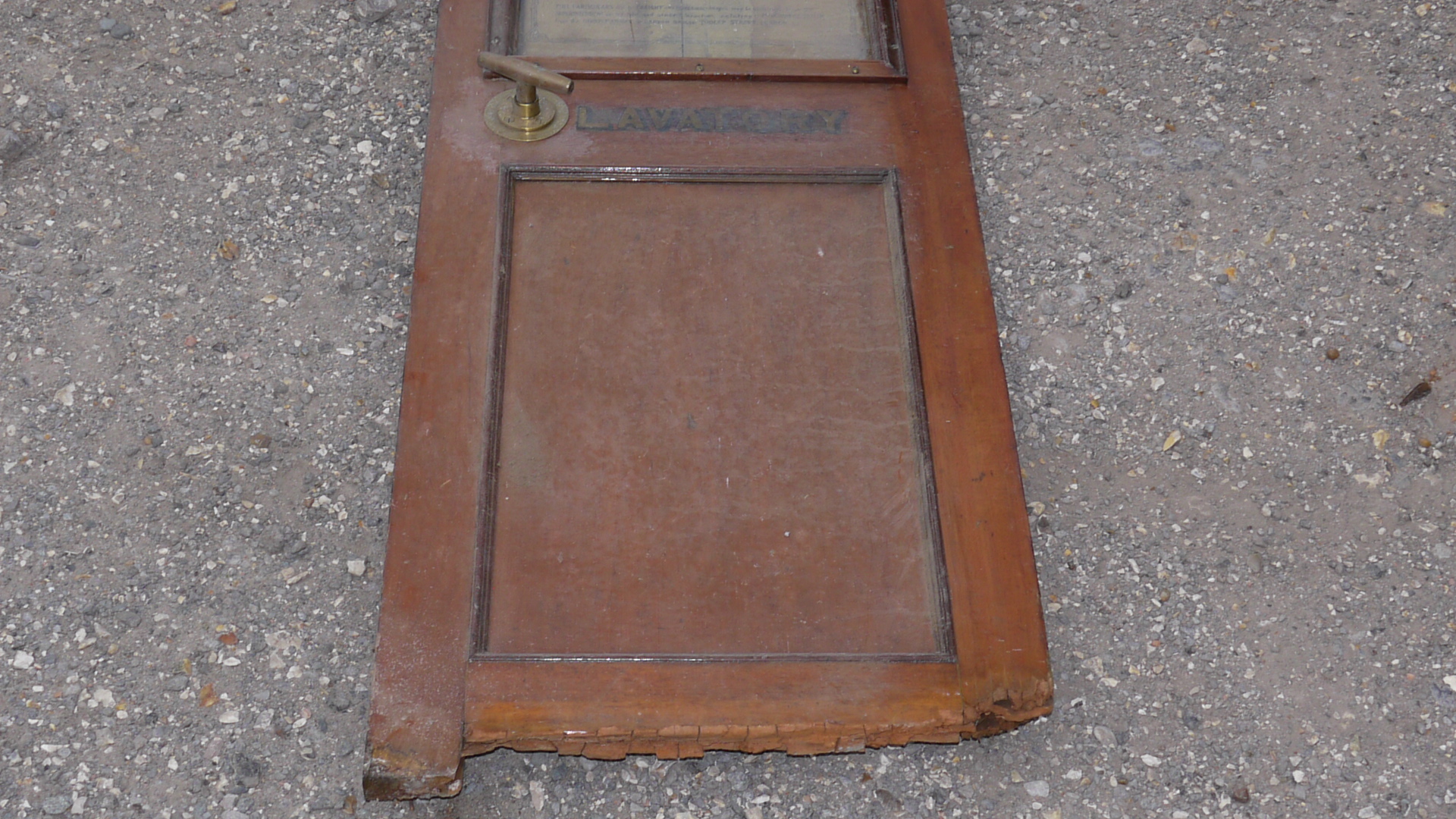 An Edwardian Railway Carriage Lavatory Door, teak door with upper glazed panel inset with poster - Image 2 of 4