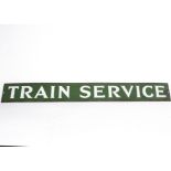 Train Service Sign, a Southern Railways enamelled wall mounted sign with white text on green ground,