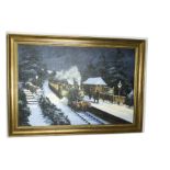 Alan King Oil on Canvas, entitled 'Snow Halt' a GWR Steam engine and passenger coaches, arriving