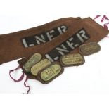LNER Brass Satchel Name Plates and Arm Bands, two brown canvas arm bands printed LNER together