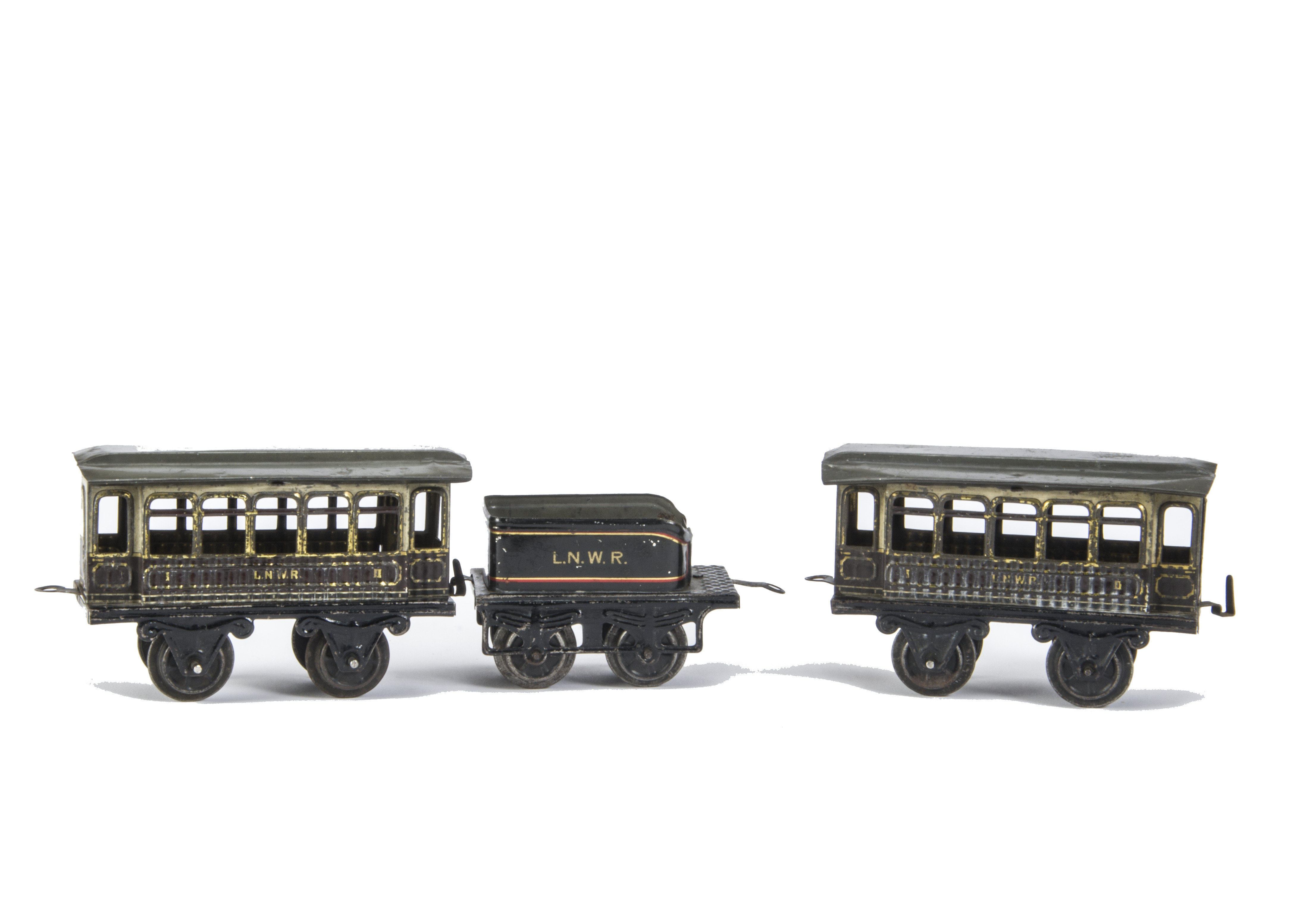 Two Early O Gauge Issmayer LNWR Coaches and Tender, the coaches in LNWR brown/ivory with 5 windows