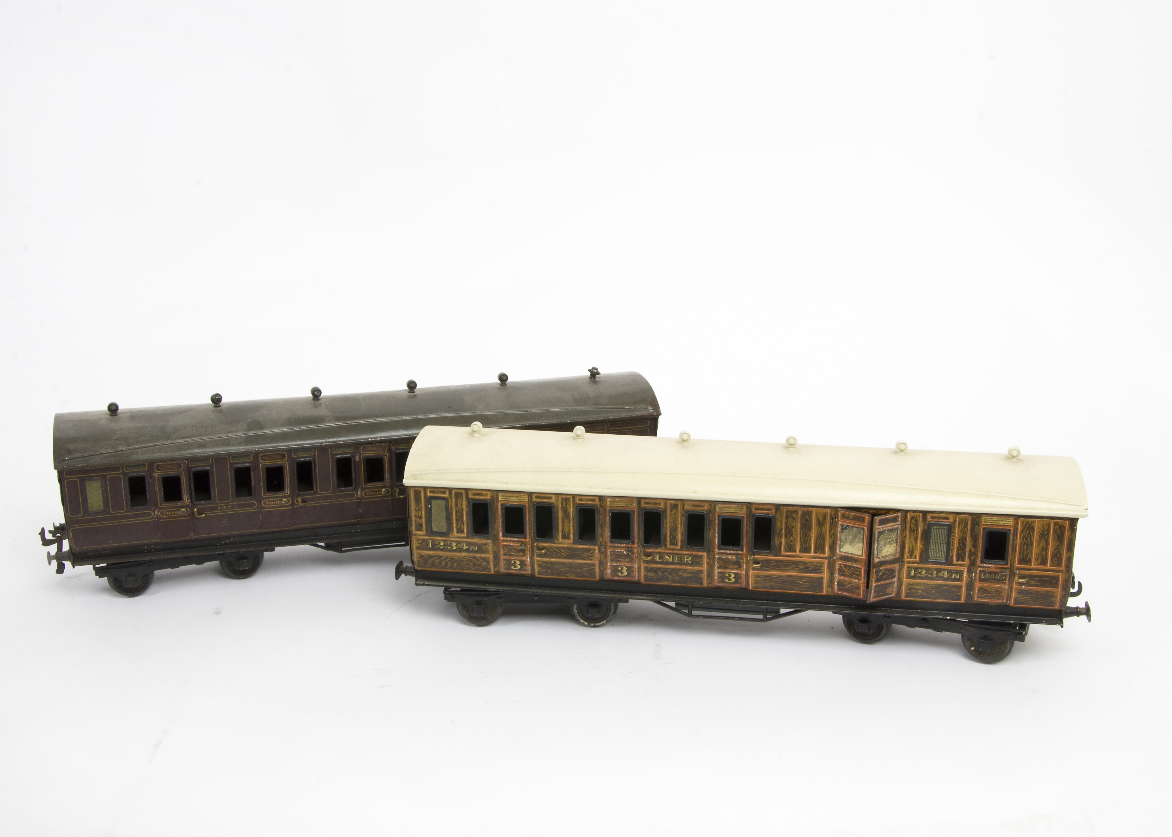Two Bassett-Lowke Gauge 1 '1921-Series' Brake/3rd Coaches, probably by Bing, comprising LNER '