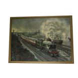 Les Perrin Oil on Board, a scene depicting 60062 Minoru, under Steam with passenger coaches, with